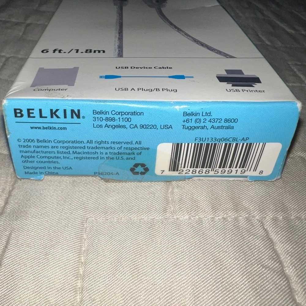 6 Ft. Belkin USB Device Cable NEW! Computer Printer A Plug/ B Plug